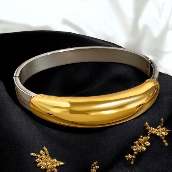 🆕️Luxe Two-Tone Bangle Bracelet | 18K Gold Plated Stainless Steel Modern Chic - Picture 1 of 14